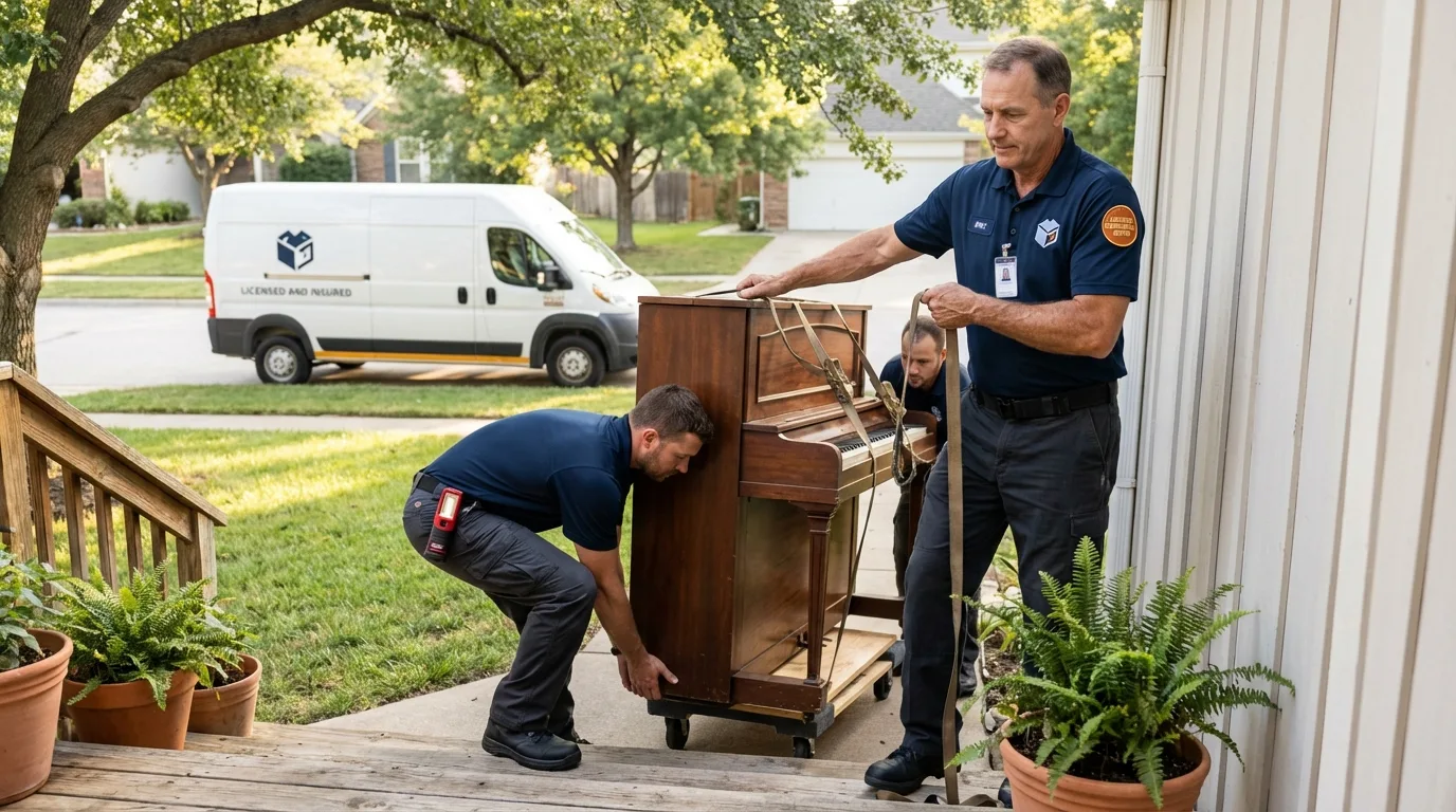 Licensed piano movers securing grand piano in Cassville, MO