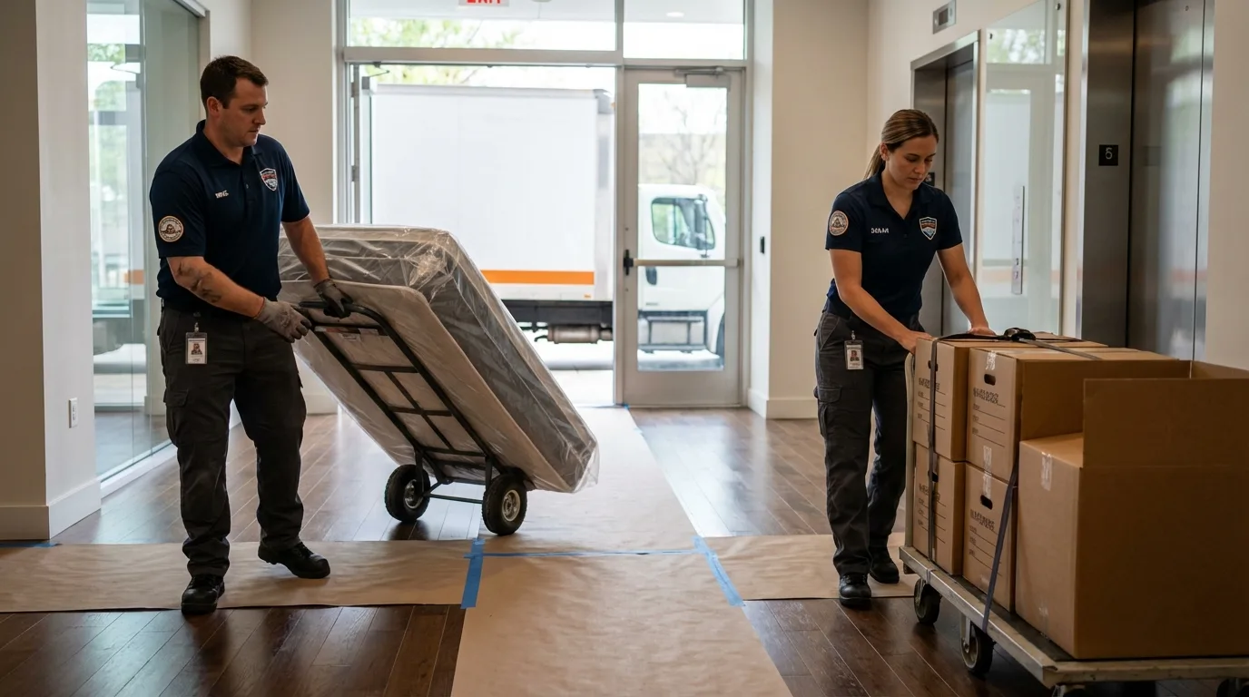 Professional apartment movers loading elevator in Cassville, MO