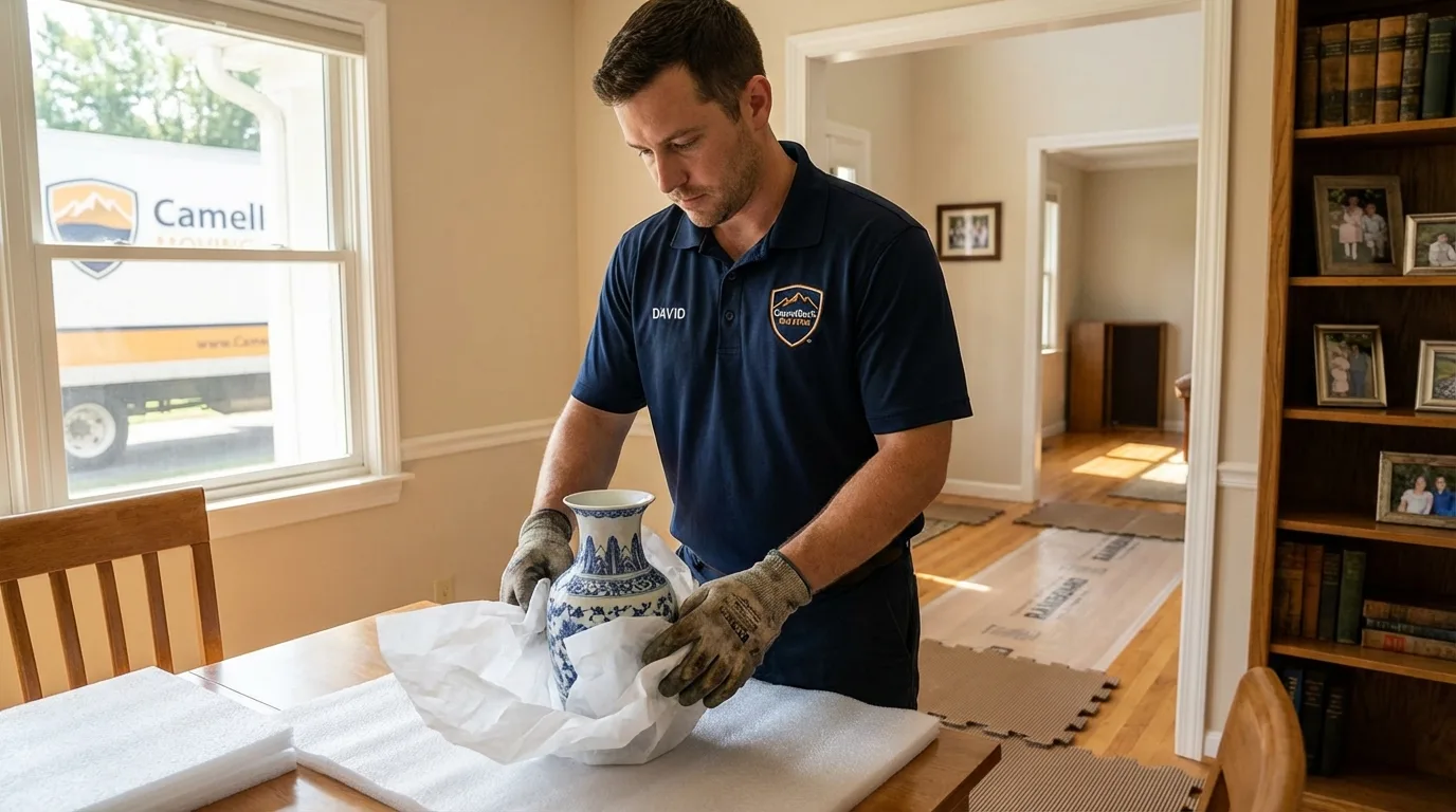 Professional crew carefully wrapping antique vase for senior downsizing move in Cassville, MO